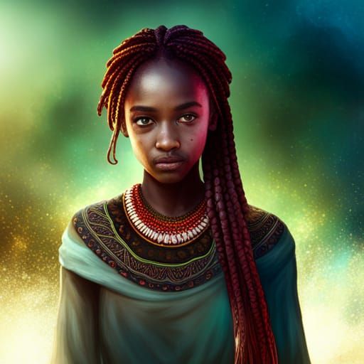 Ethiopian Girl Portrait with Braids in Matte Painting Style