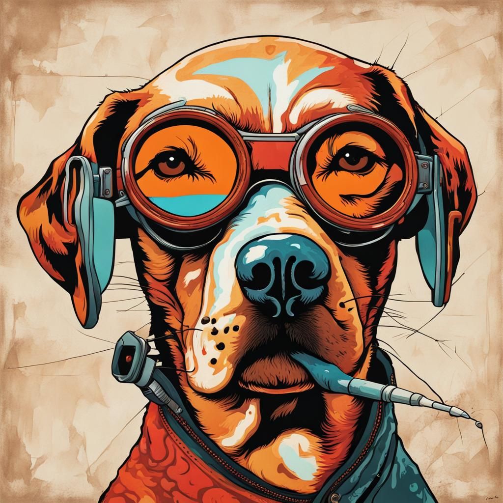 Dog with Goggles Smoking in Abstract 2D Art