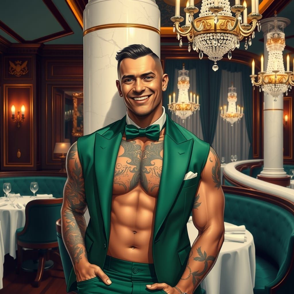 Tattooed Man in Emerald Tuxedo in Italian Restaurant