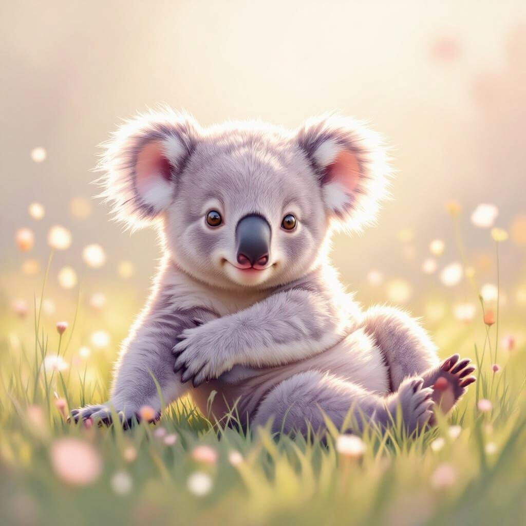 Adorable Pink Koala Baby in Whimsical Meadow