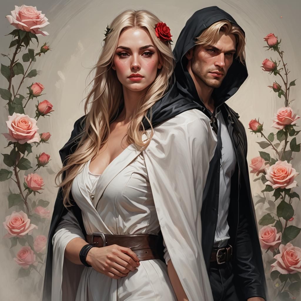 Cloaked Man and Rose-Adorned Woman Portrait