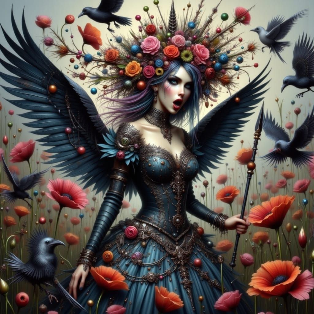 Queen of Hearts Surrounded by Crows in Graffiti Art