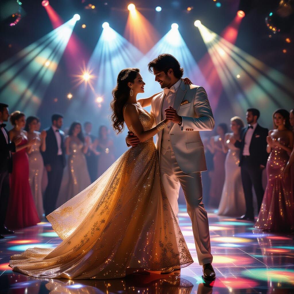 Couple Dancing in Glamorous Gold and Silver Attire