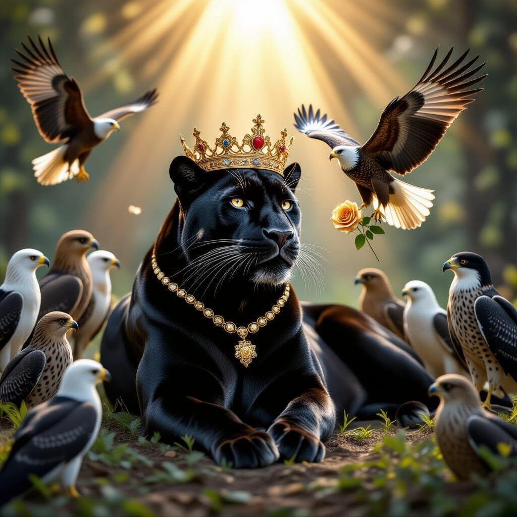 Majestic Panther Crowned King with Animals in Dramatic Sunli...