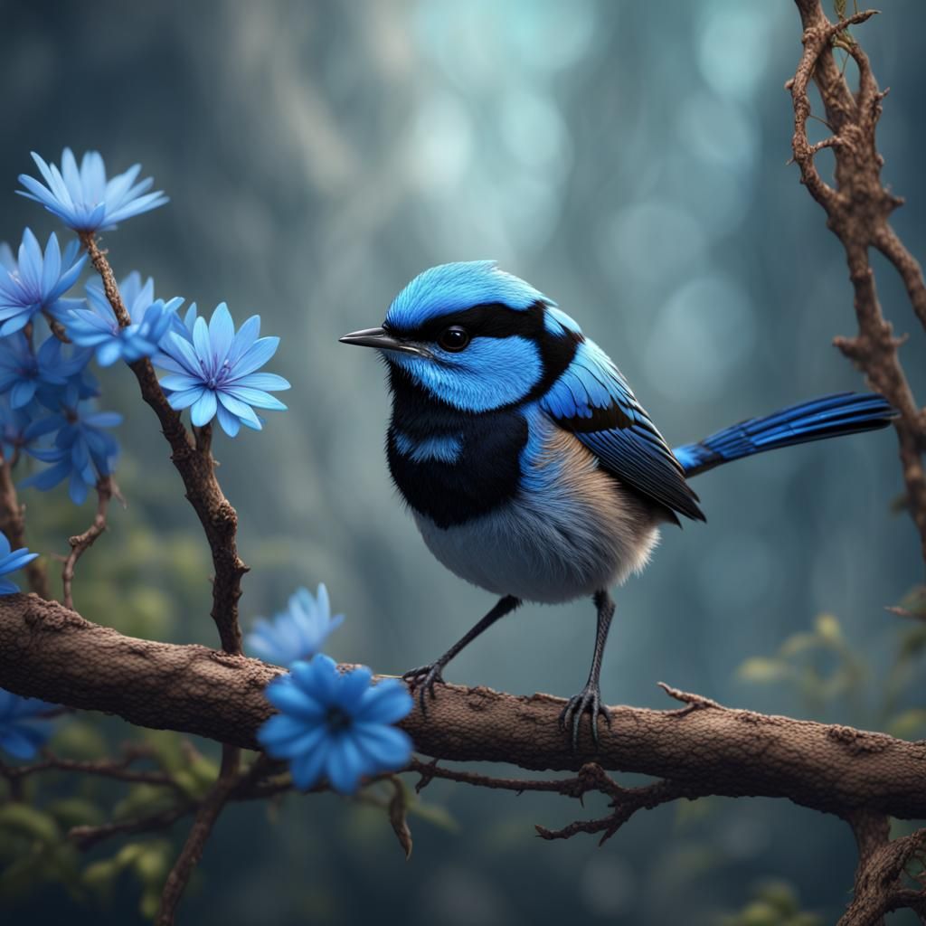 Fairy Wren with Blue Flowers: Fantasy Art