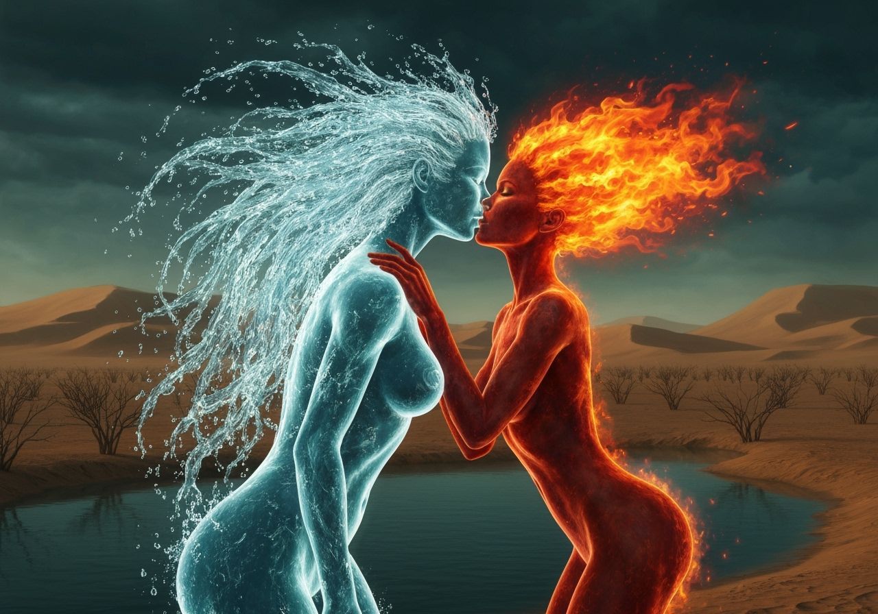 Water Spirit Kisses Fire Spirit in Moody Fantasy Art