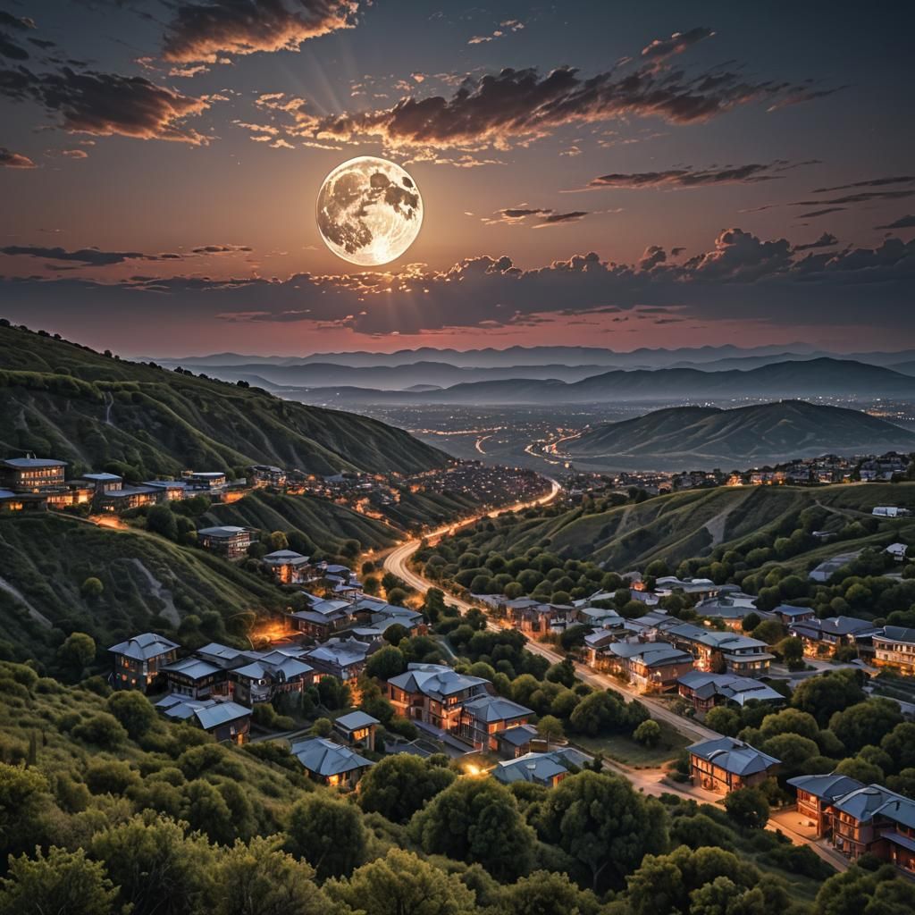 Dramatic Sunset Moonrise in Hyperrealistic Style