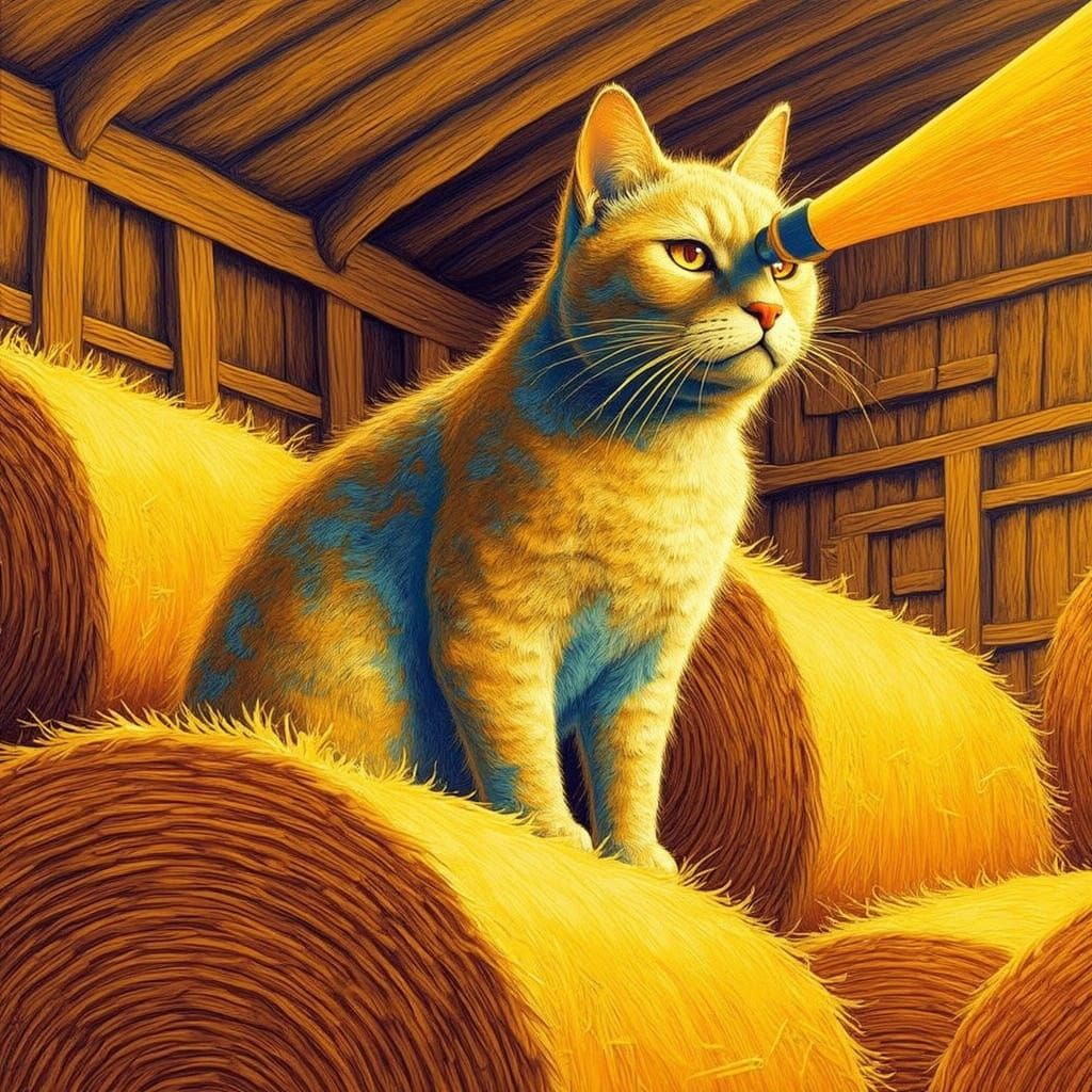 Surrealist Cat Astronomer in Hayloft