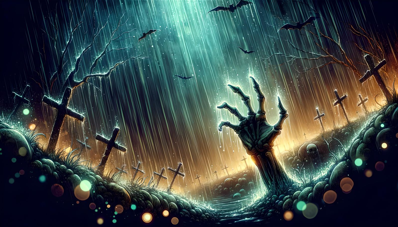 Graveyard Hand Emerges on Rainy Night as Watercolor