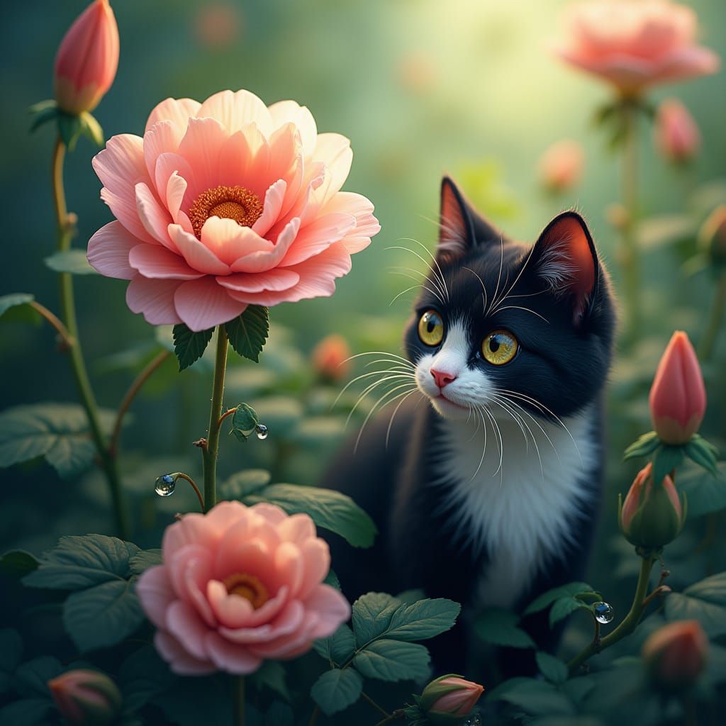 Iridescent Flower and Tuxedo Cat in Dreamlike Garden