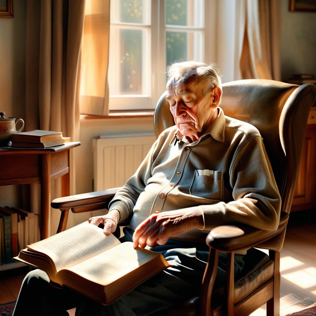 Elderly Man Sleeping in Armchair: Realistic Oil Painting