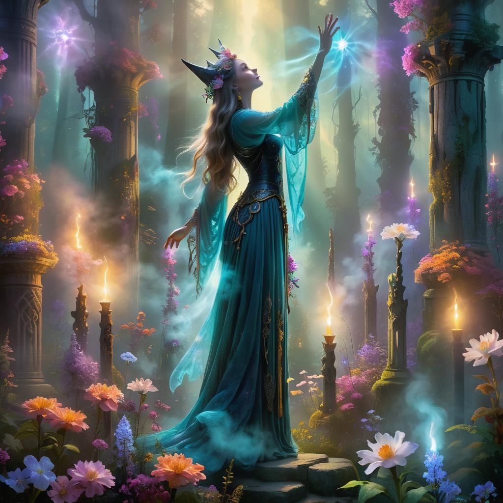 Mystical Renaissance Witch in Bioluminescent Forest