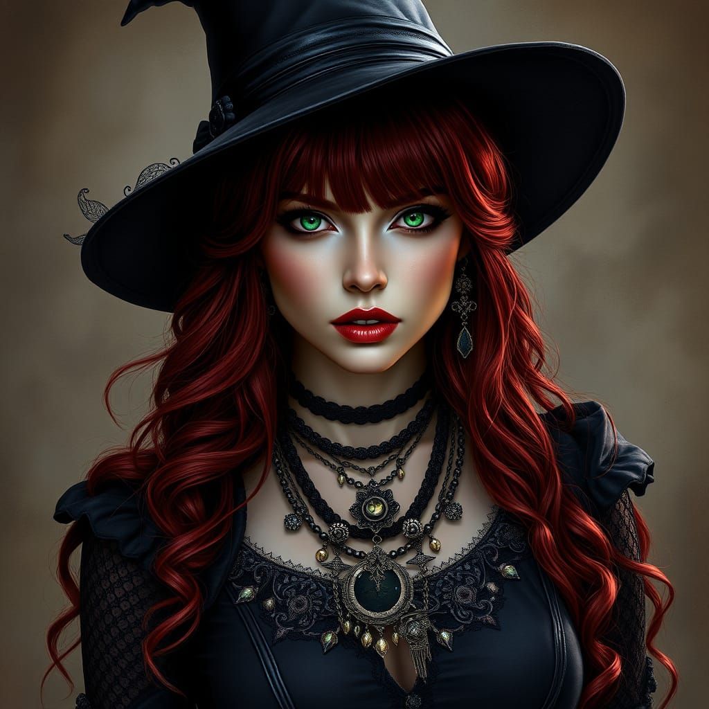 gothic woman with flowing deep crimson hair and striking green eyes. She wears a black leather and lace cinched top with...