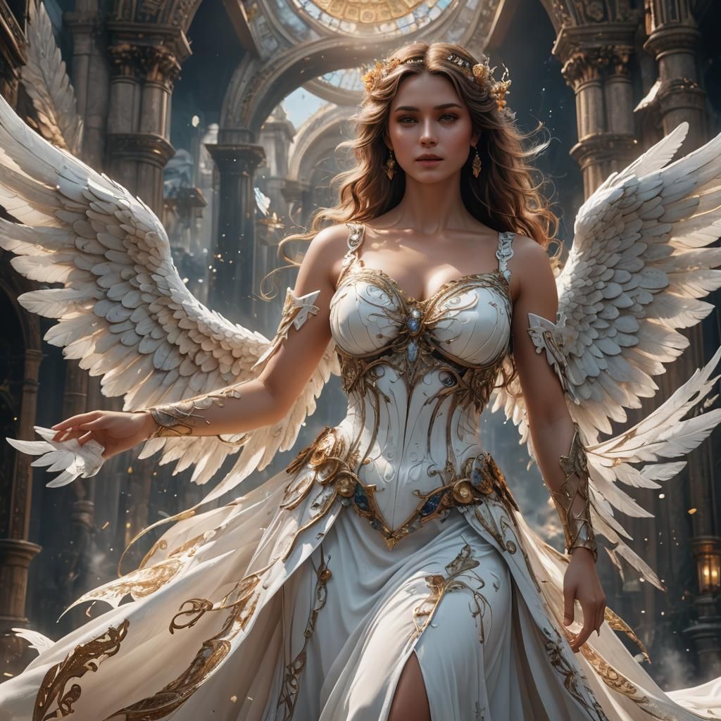 Beautiful Angel in White Dress: Fantasy Art