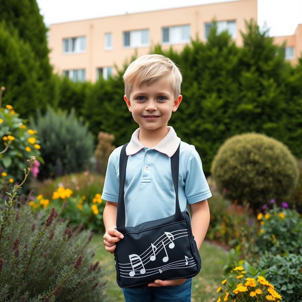 Boy with Music Bag in Lush Garden