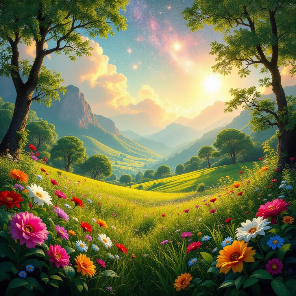 Vibrant Summer Landscape with Astral Lights in Holographic S...