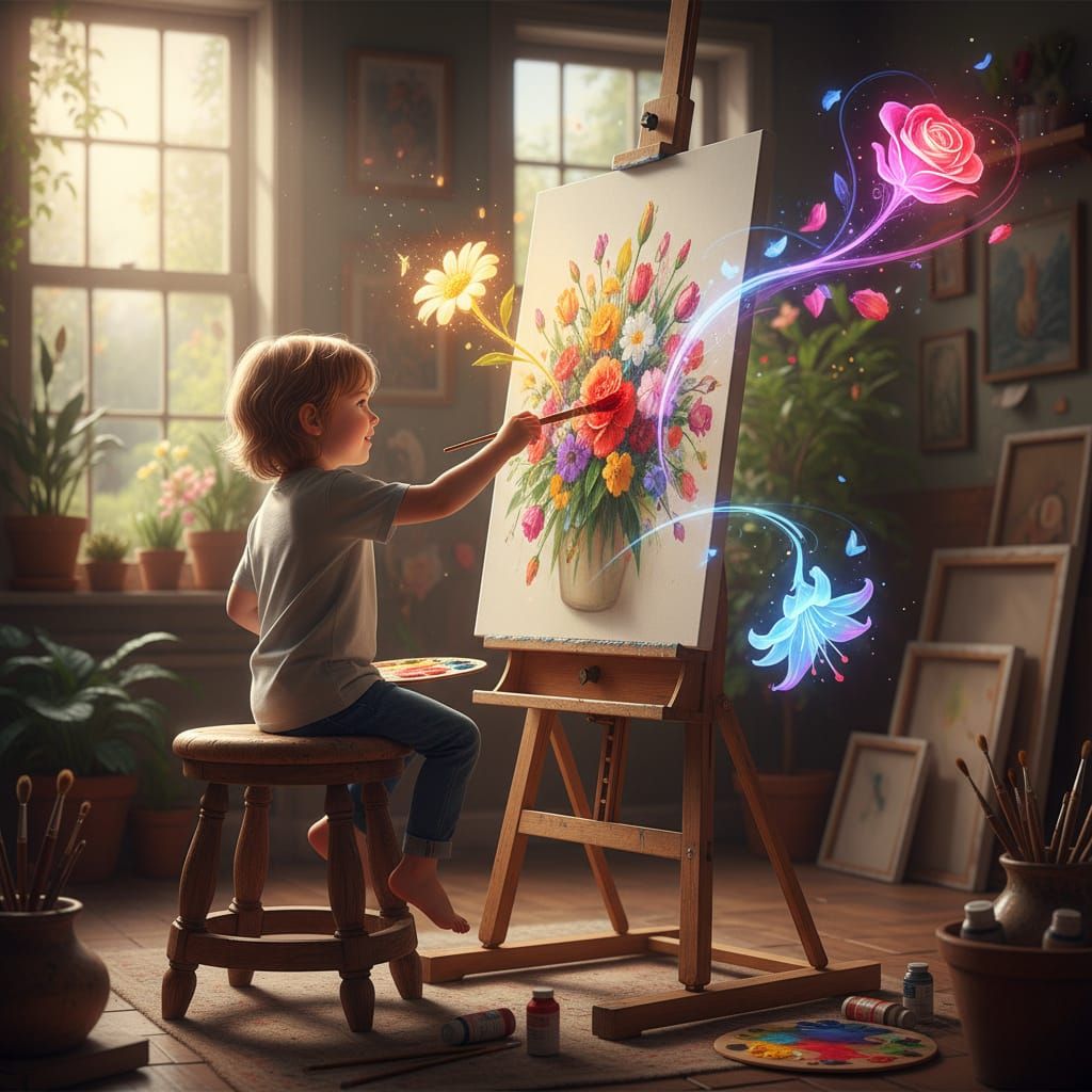 Child Artist Paints Flowers That Bloom Off the Canvas