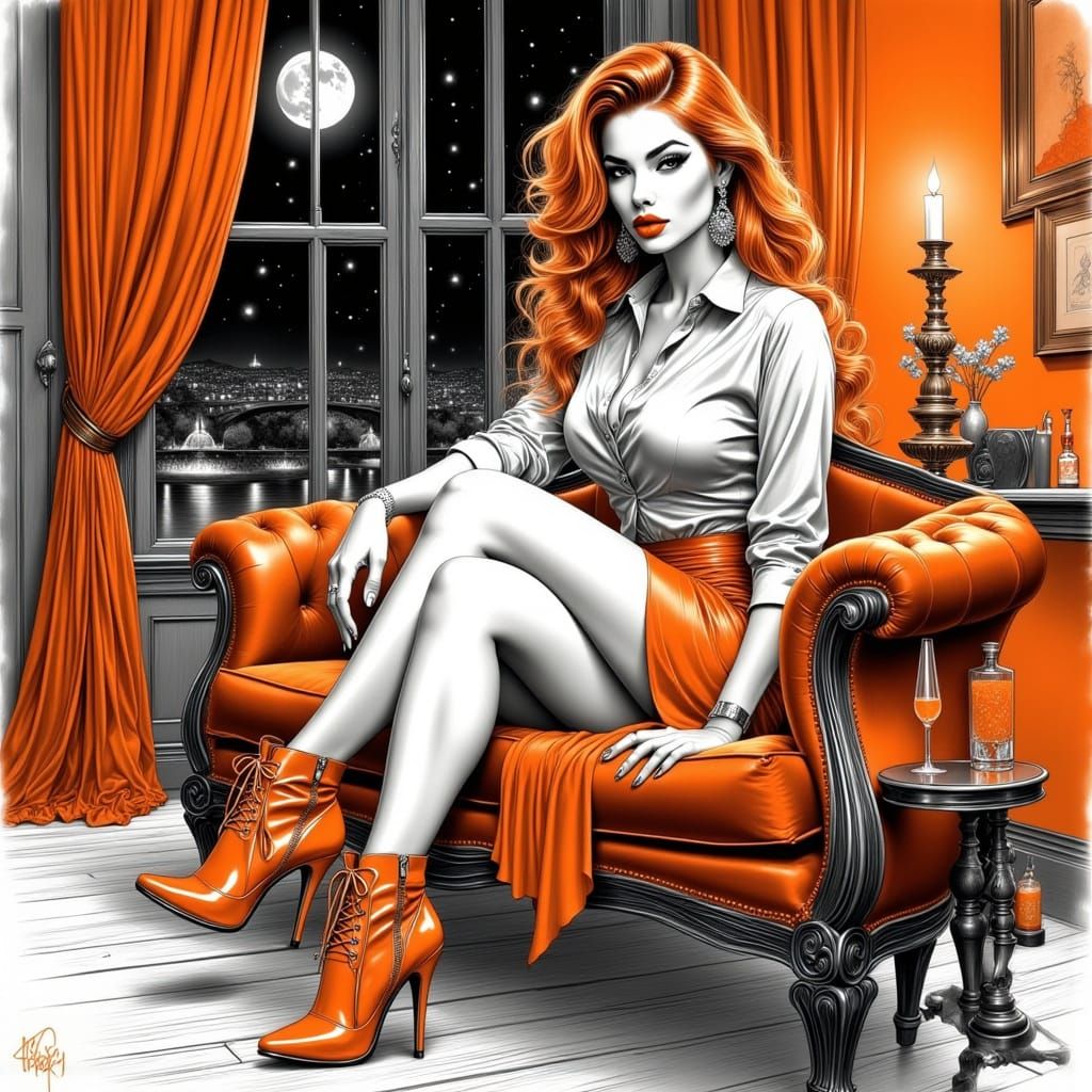 Monochrome Ink Drawing of Woman with Orange Hues