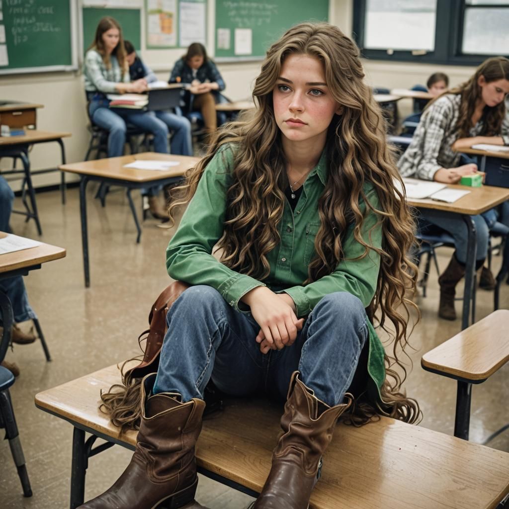 Girl with Wavy Hair and Cowboy Boots in Rainy Classroom