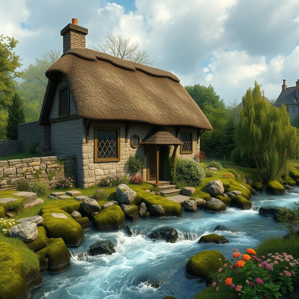 Tudor Cottage Beside River: Detailed Matte Painting