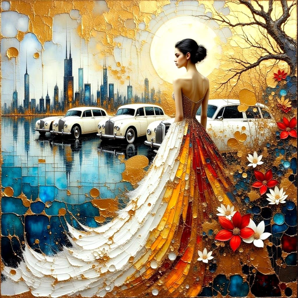 New York City Impasto Oil Painting with Gold Accents