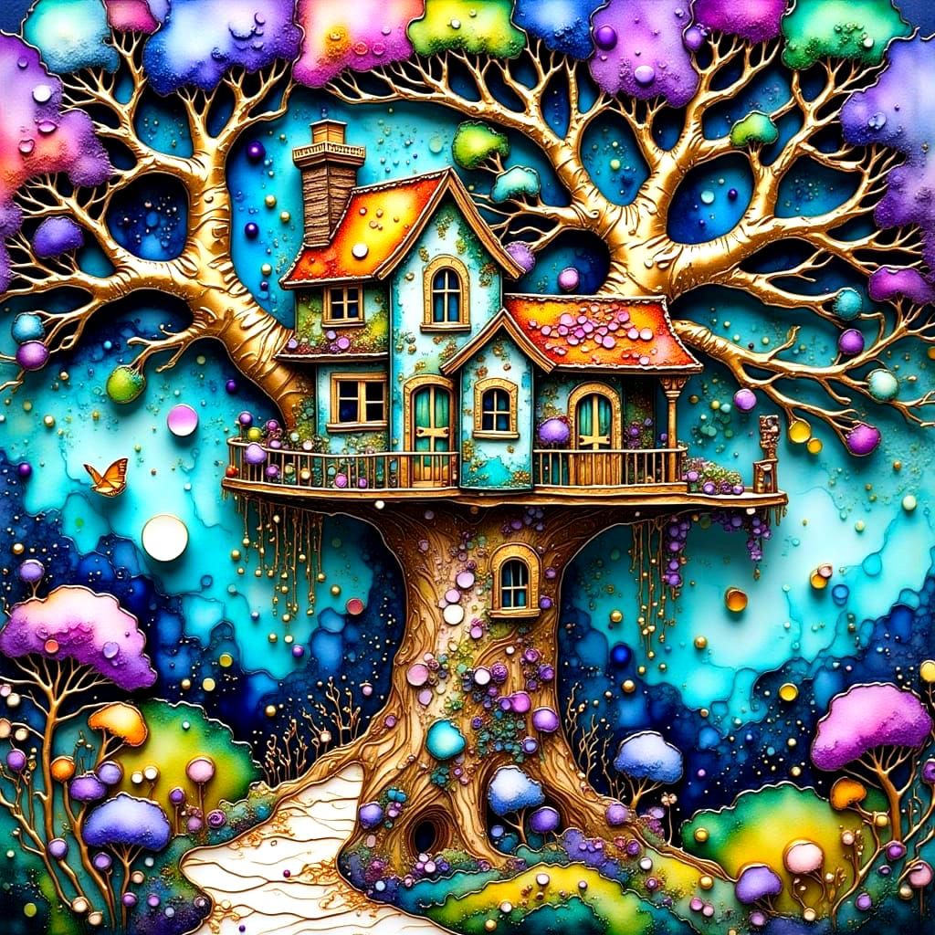 Whimsical Summer Treehouse in Delicate, 3D Ink Art