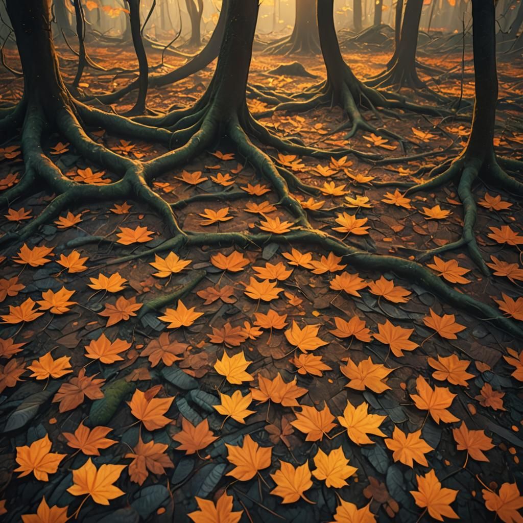 Golden Light on Mystical Forest Floor in Art Nouveau Style