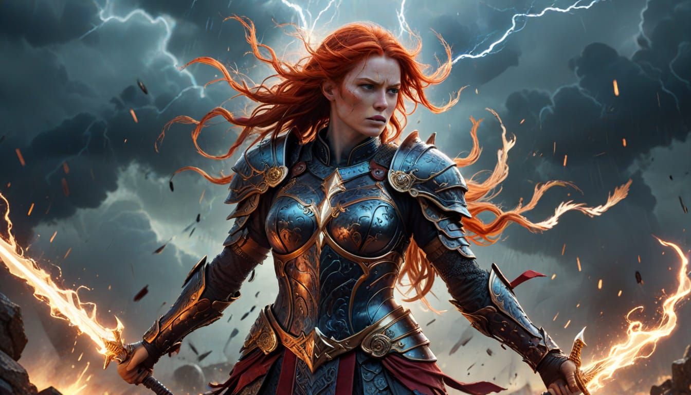 Valkyrie Warrior on Battlefield in Fluid Abstract Style