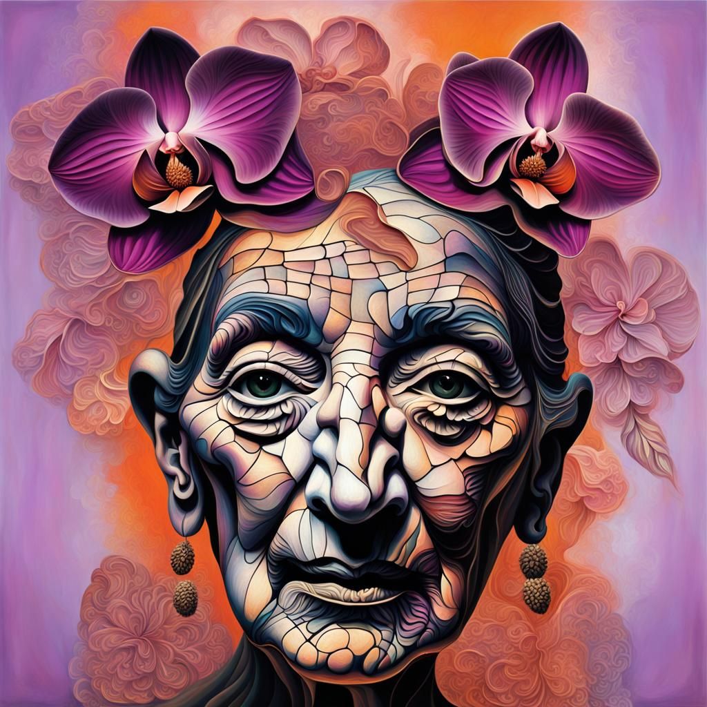 Surreal Portrait of Woman with Orchids in Picasso Style