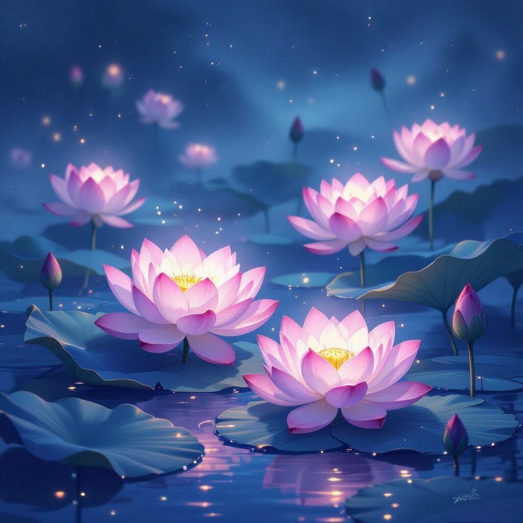 Glowing Lotus Flowers in Romantic Night Sky