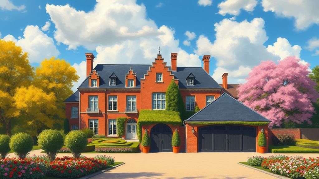 Grand Brick Chateau Surrounded by Vibrant Garden