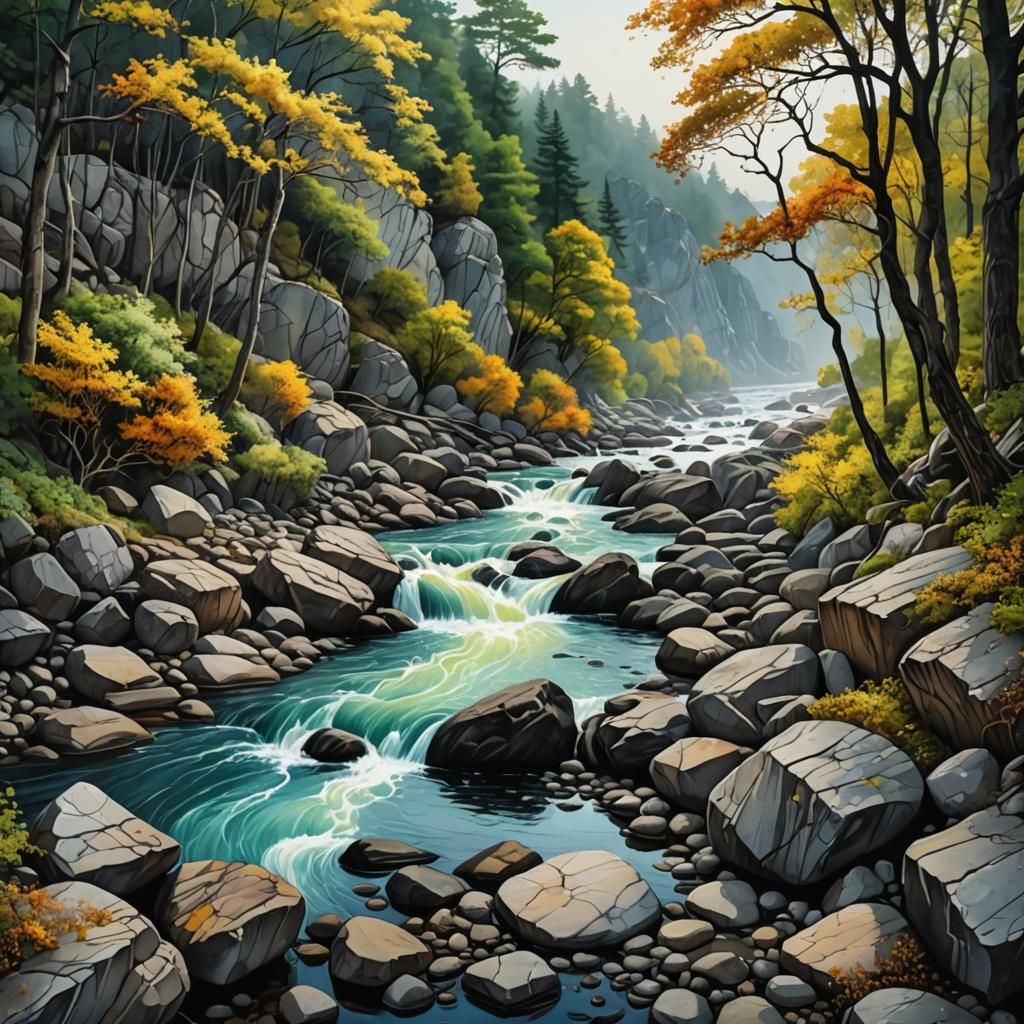 a realistic fast-moving river, deciduous trees and rocks