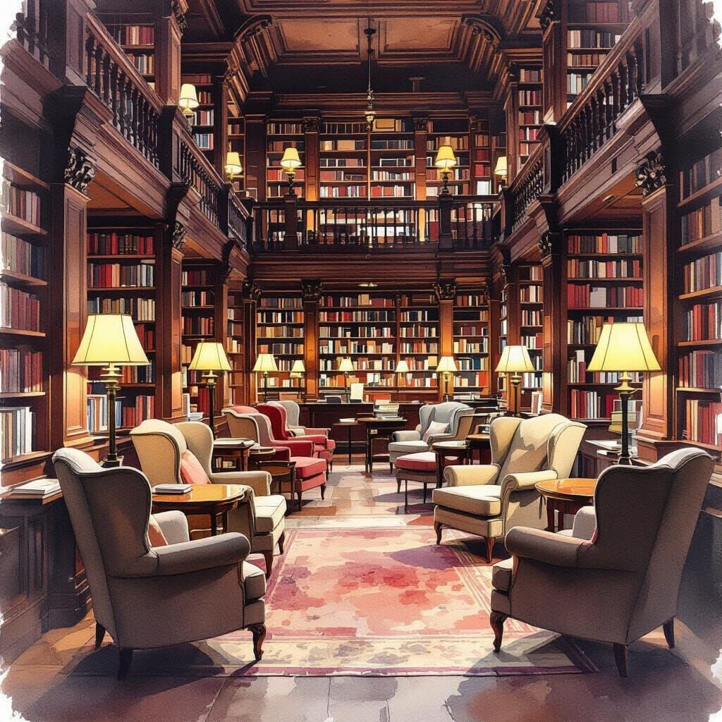 Vast Library Interior in Expressive Watercolor Style