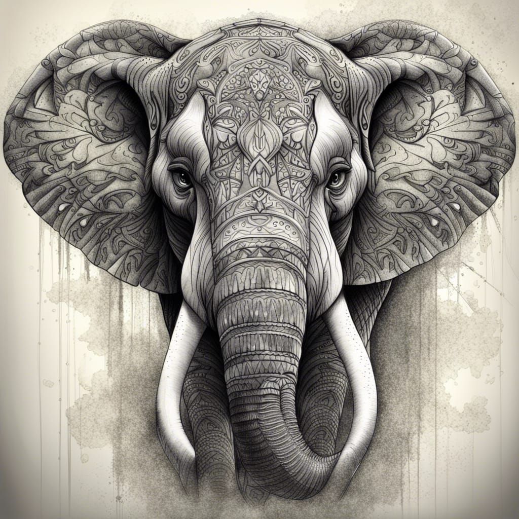 Monochrome Pencil Sketch of Elephant Face