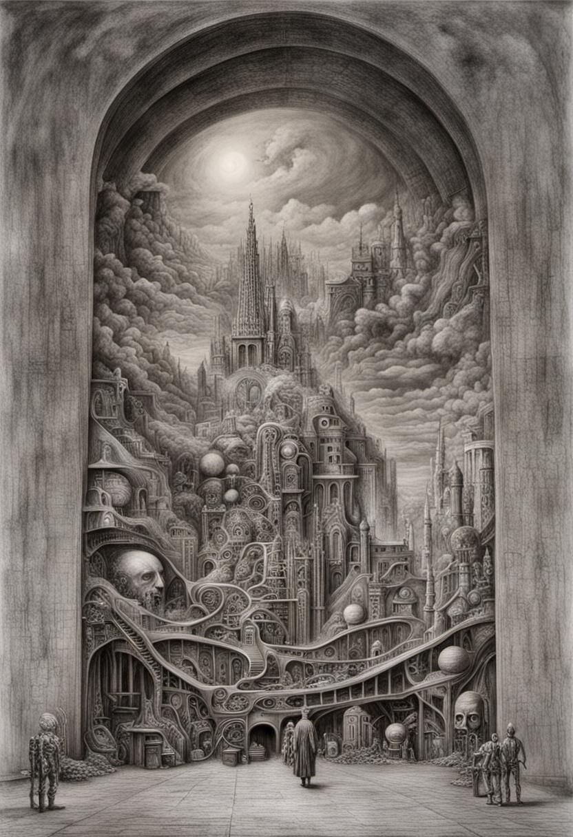 Surreal Post-Apocalyptic Pencil Drawing in Art Nouveau Style