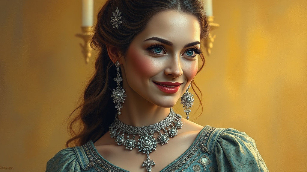 Woman in Ornate Gown and Jewelry