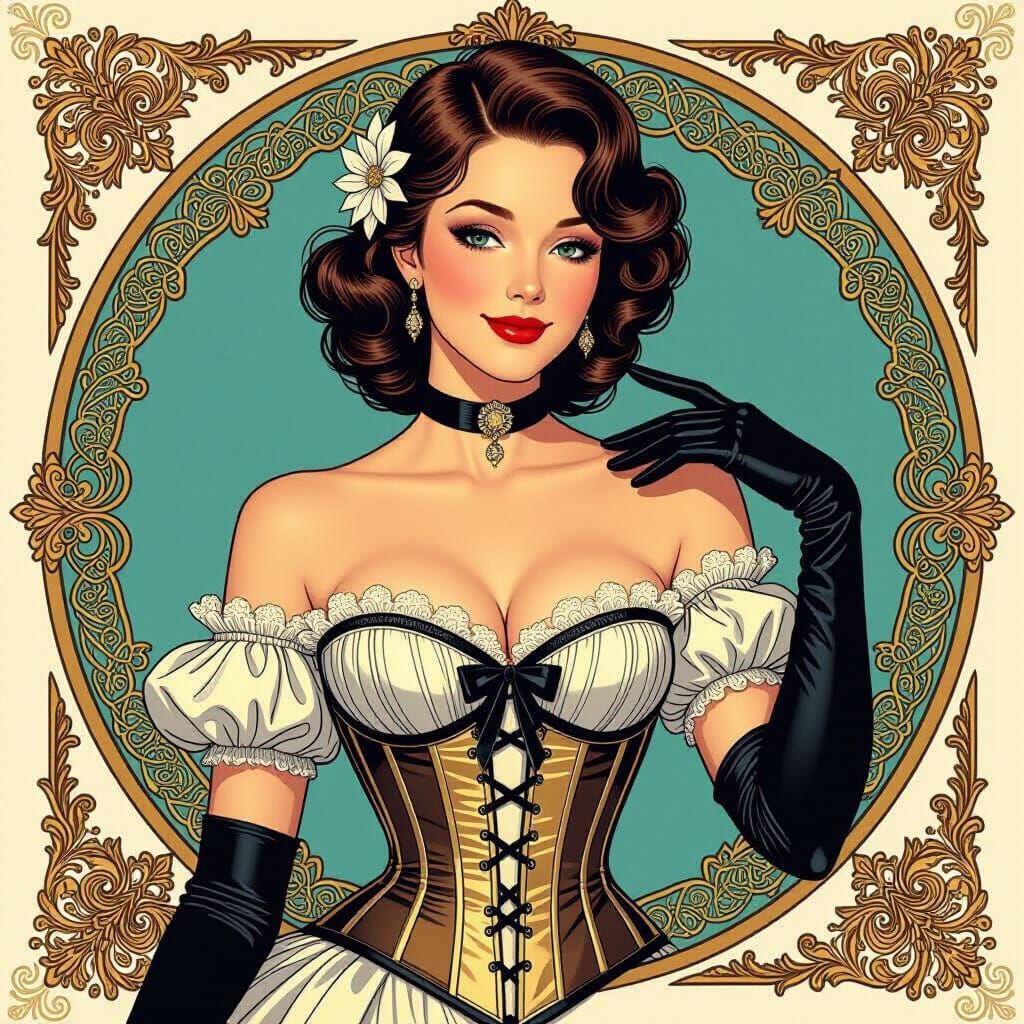 Vintage Corset Pin-Up in Art Nouveau Style