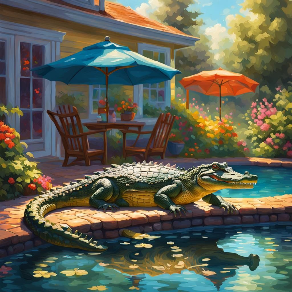 Alligator Poolside in Retro Cottagecore Style