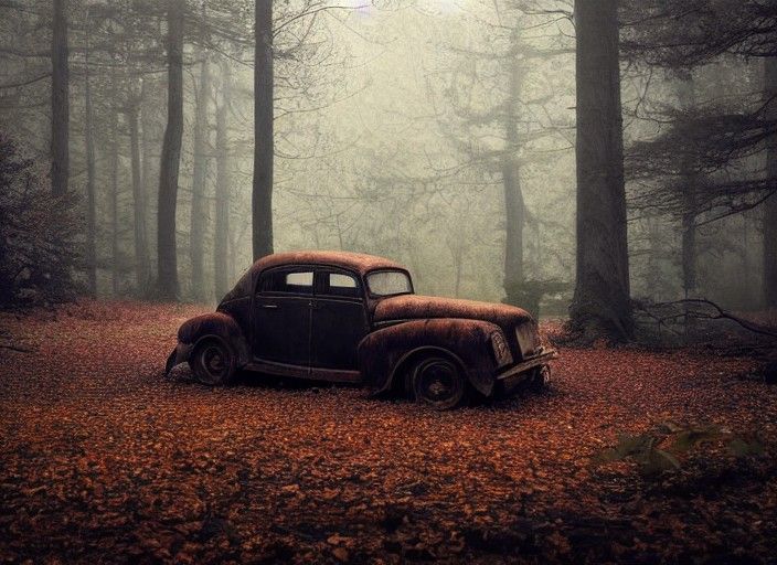 Sinister Oldtimer in Dark Forest, Realistic 8k