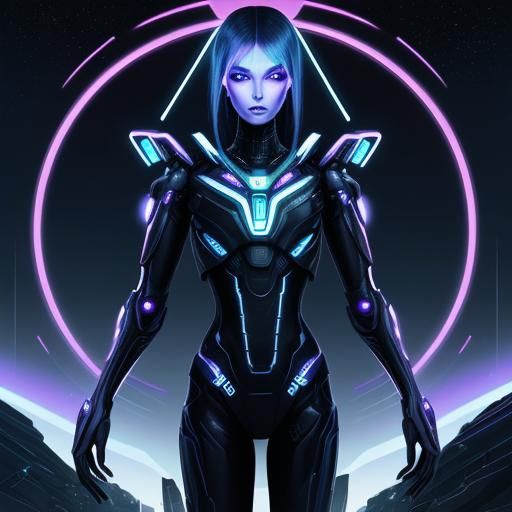 Alien Girl Overlooking Futuristic Landscape in Neon Style