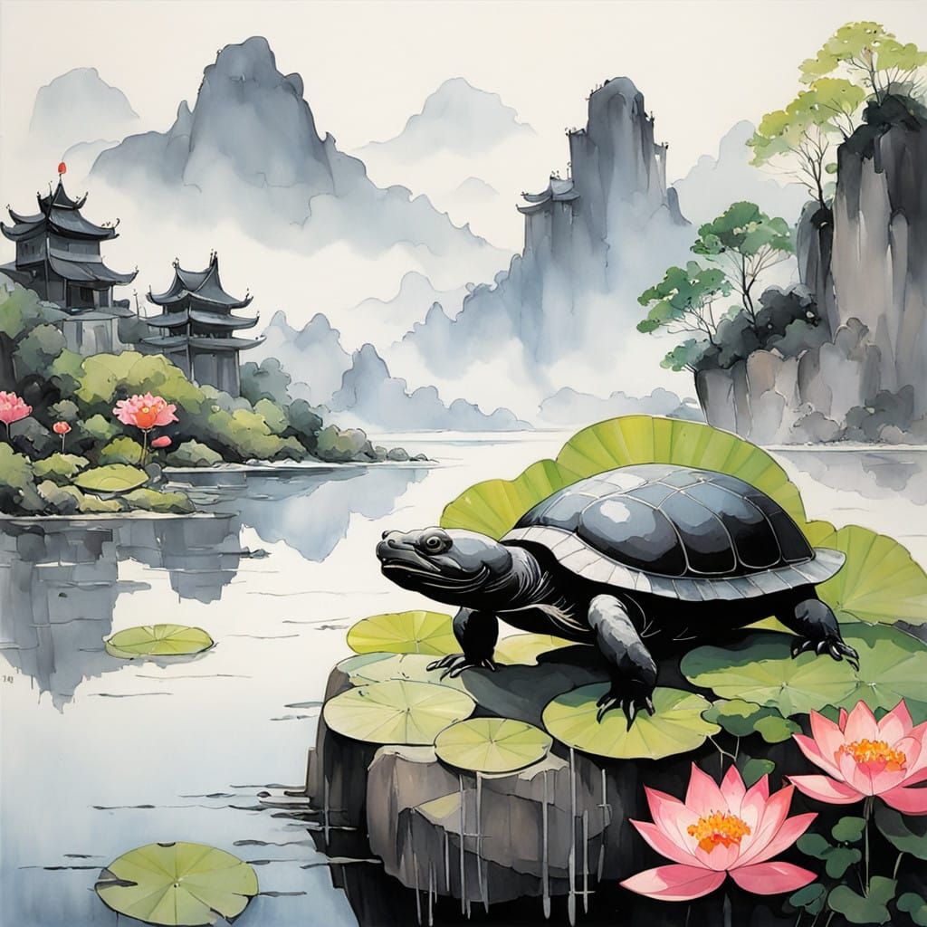 Majestic Black Softshell Turtle in Traditional Chinese Lands...