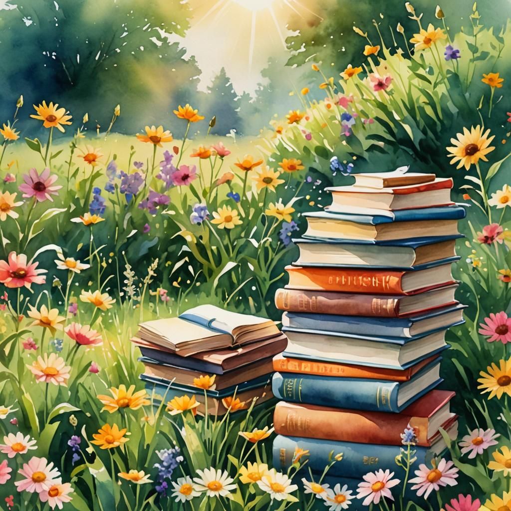 Watercolor Books in a Sunny Flower Field