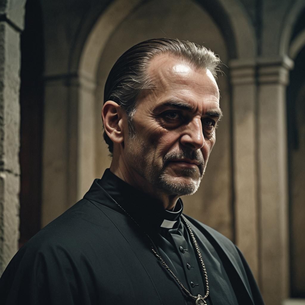 Cinematic Still of an Evil Priest with Guilty Expression