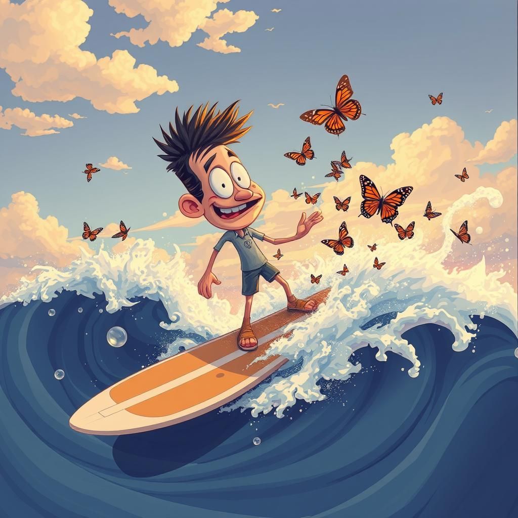 Biometric Engineer Surfing a Butterfly Wave: Cartoon Express...