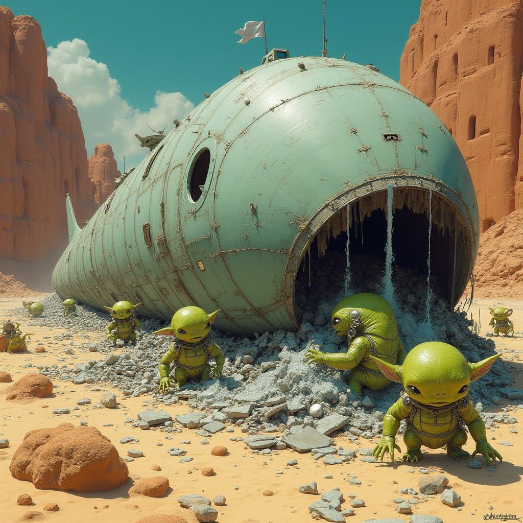 Crashed Spaceship Waterfall Oasis with Alien Scavengers