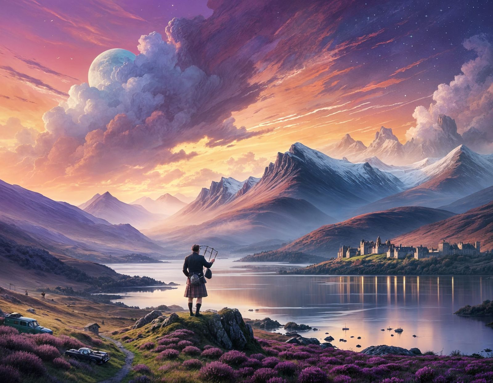 Scottish Highlands Welcome with Bagpiper at Twilight