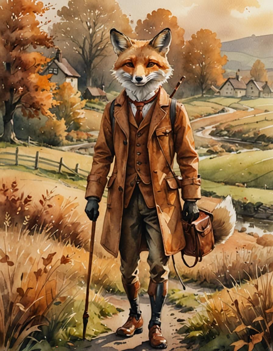 Fox in Hunting Suit: Watercolor Countryside Portrait