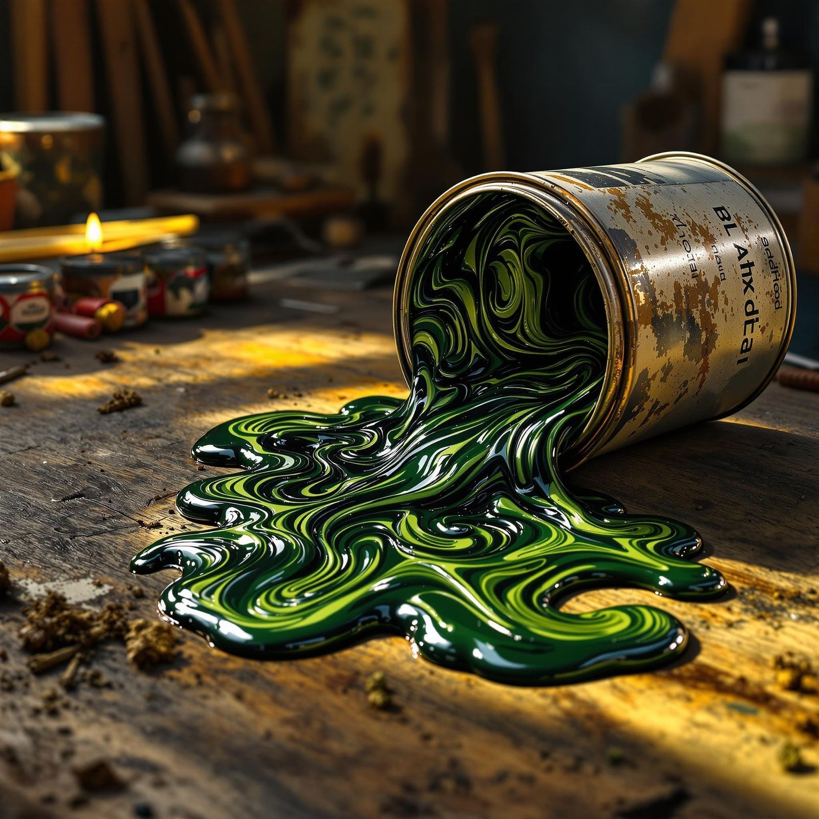 Surreal Still Life of Spilled Paint in Whimsical Workshop