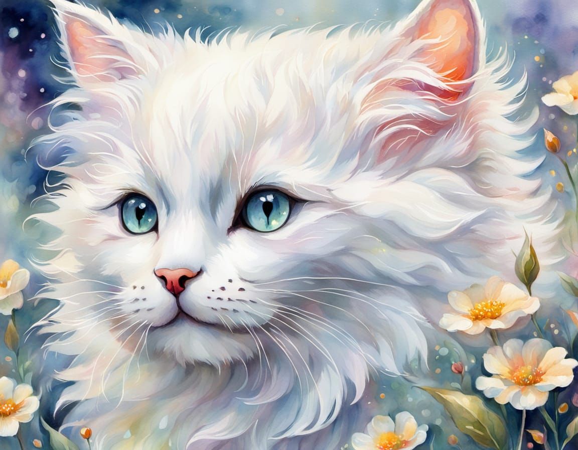 Fluffy White Kitten Smells Flowers in Dreamy Watercolor