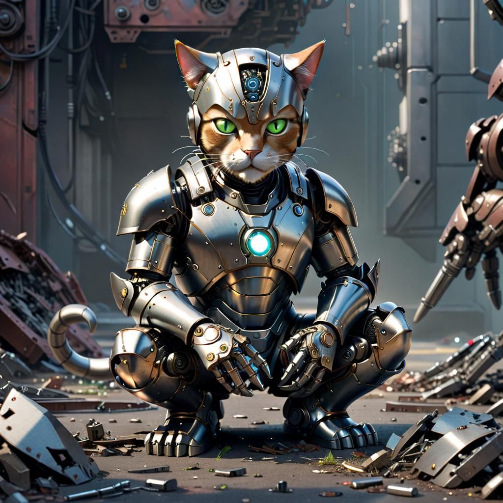 Iron Cat Helping Android: Cyberpunk Hero